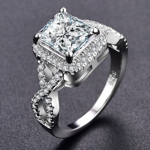 Ae Cee R. Jewelry - Braelynn Square Cushion Cut CZ Side Cross Sterling Silver Ring Size 6 Gift Boxed